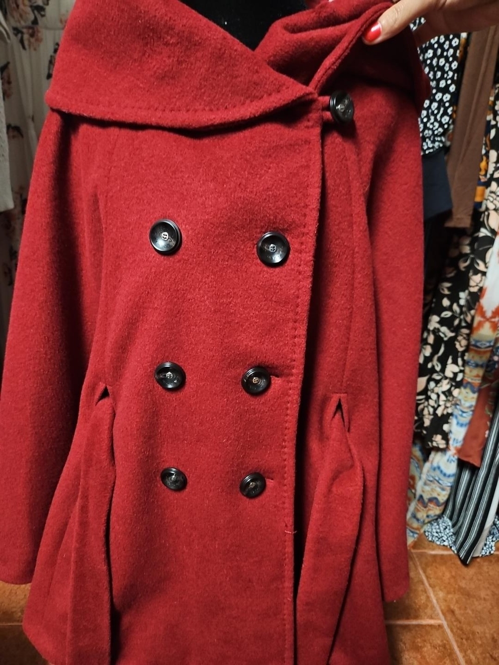 Calvin Klein Crimson Red Wool Blend Belted Double Breasted Cape Coat S/M - Picture 3 of 13